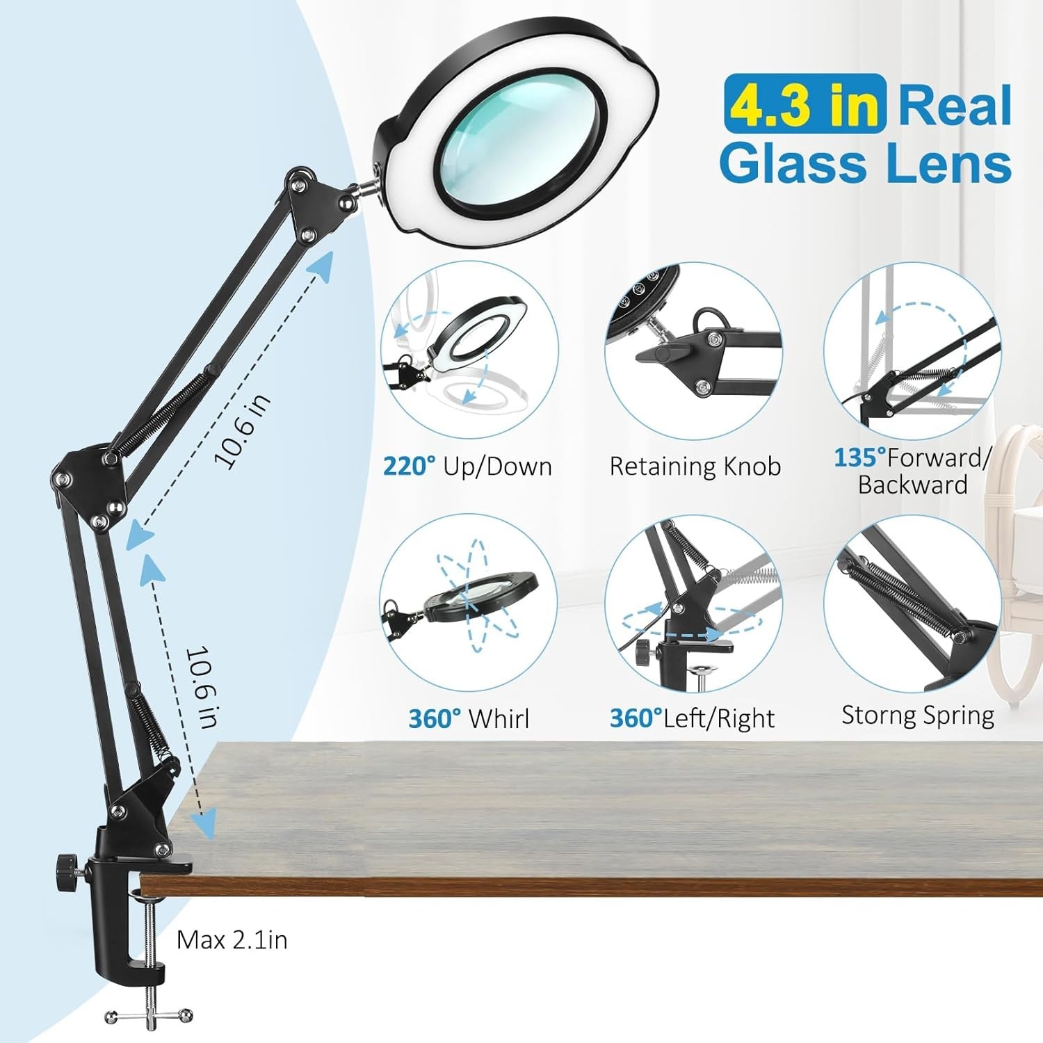 12X Magnifying Glass with Light and Stand, Upgrade Real Glass Magnifying lamp, 5