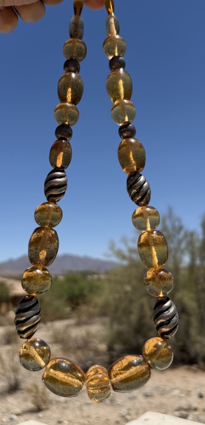 Taxco Sterling Silver 925 Amber Colored Art Glass Lrg Necklace 14.5” 177g Rare