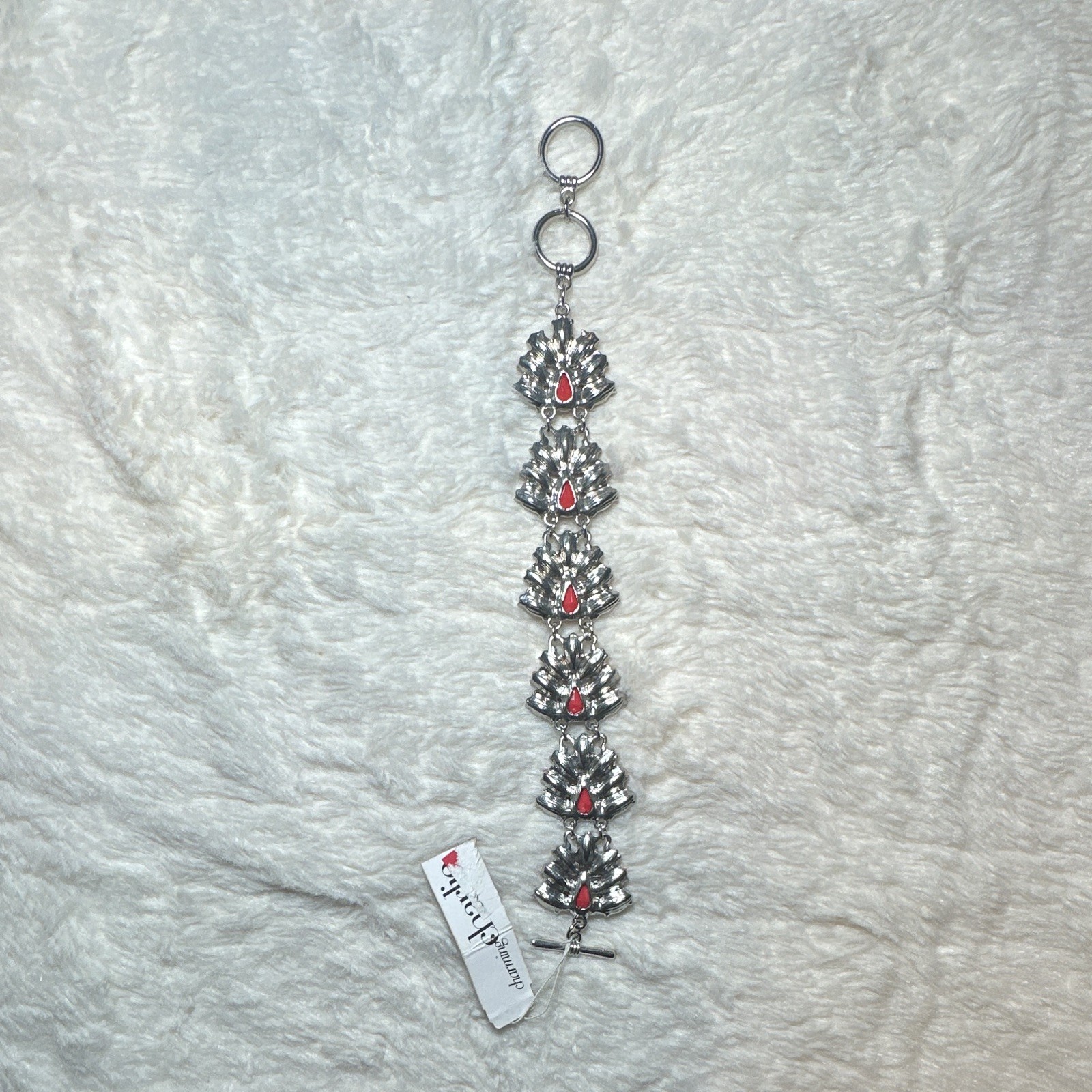 Charming Charlie Silver Tone Pink Flower Dangle Charm Link Toggle Bracelet