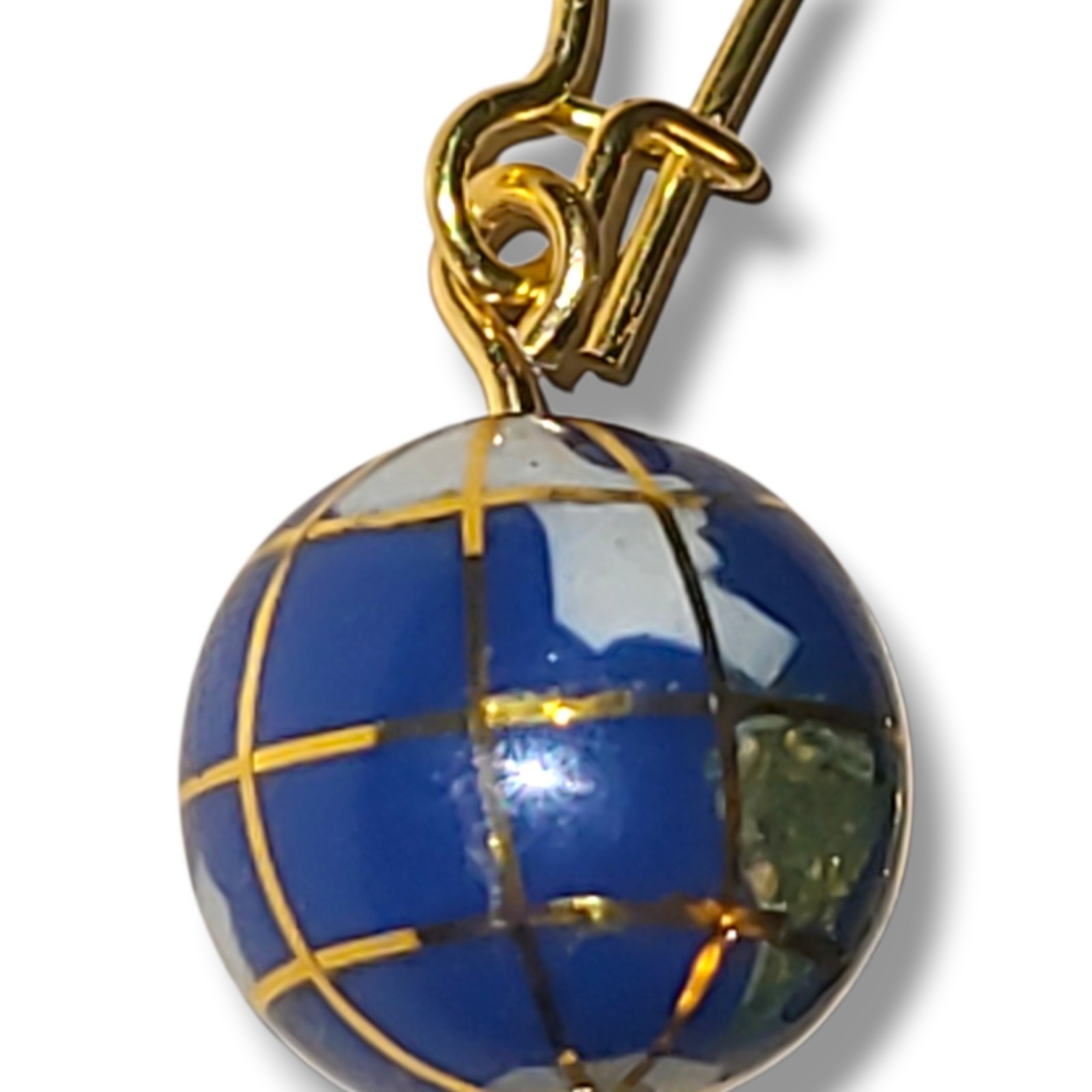 Vintage Blue Globe Dangle Earrings Gold Tone Earth World Map Bead Boho