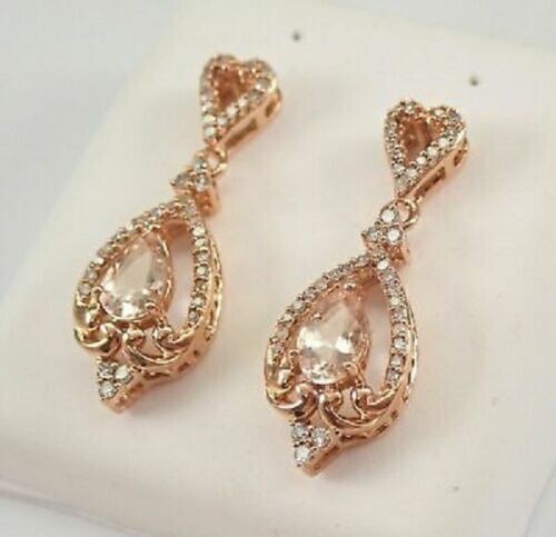 4Ct Pear Cut Morganite Halo Women’s Drop & Dangle Earrings 14K Rose Gold Finish