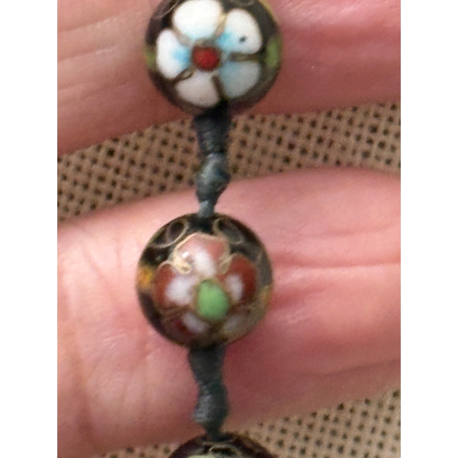 Vintage Chinese Cloisonne Bead Necklace 30in Double Knotted Silk 8mm