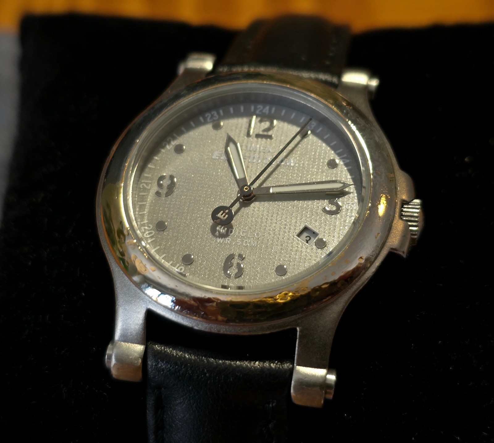 Vintage Timex Women’s Watch, Expedition, Gray Dial, Indiglo, Black Leather, 30mm