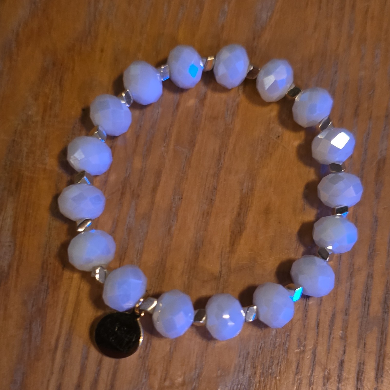 Kinsley Armelle White Glass Beaded Stretch Bracelet Dangle Charm Signed Stack