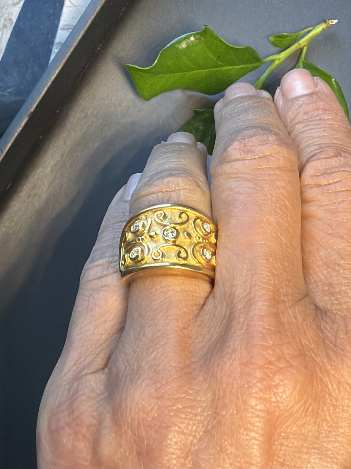 Vintage Gold Plated Wide Band Ring Sz 7 Scrolls Etruscan Revival Estate USA Made