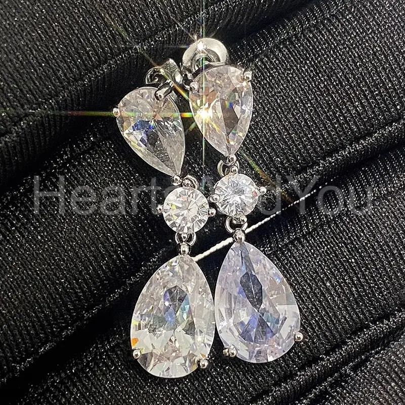 3ct Pear Cut Moissanite Three Stone Drop Dangle Earrings 14K White Gold Plated