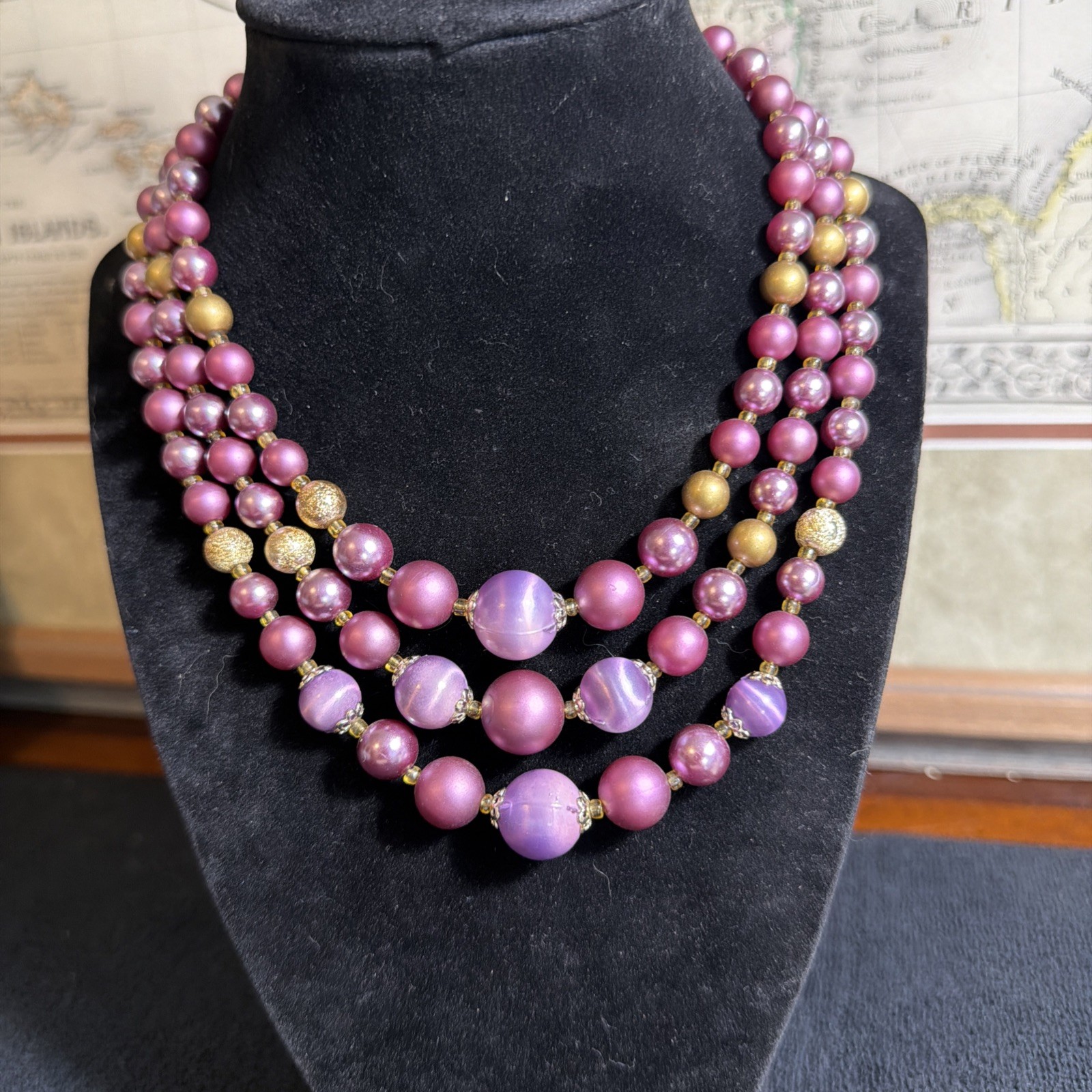 Vtg. Violet And Gold Tone Triple Strand Necklace