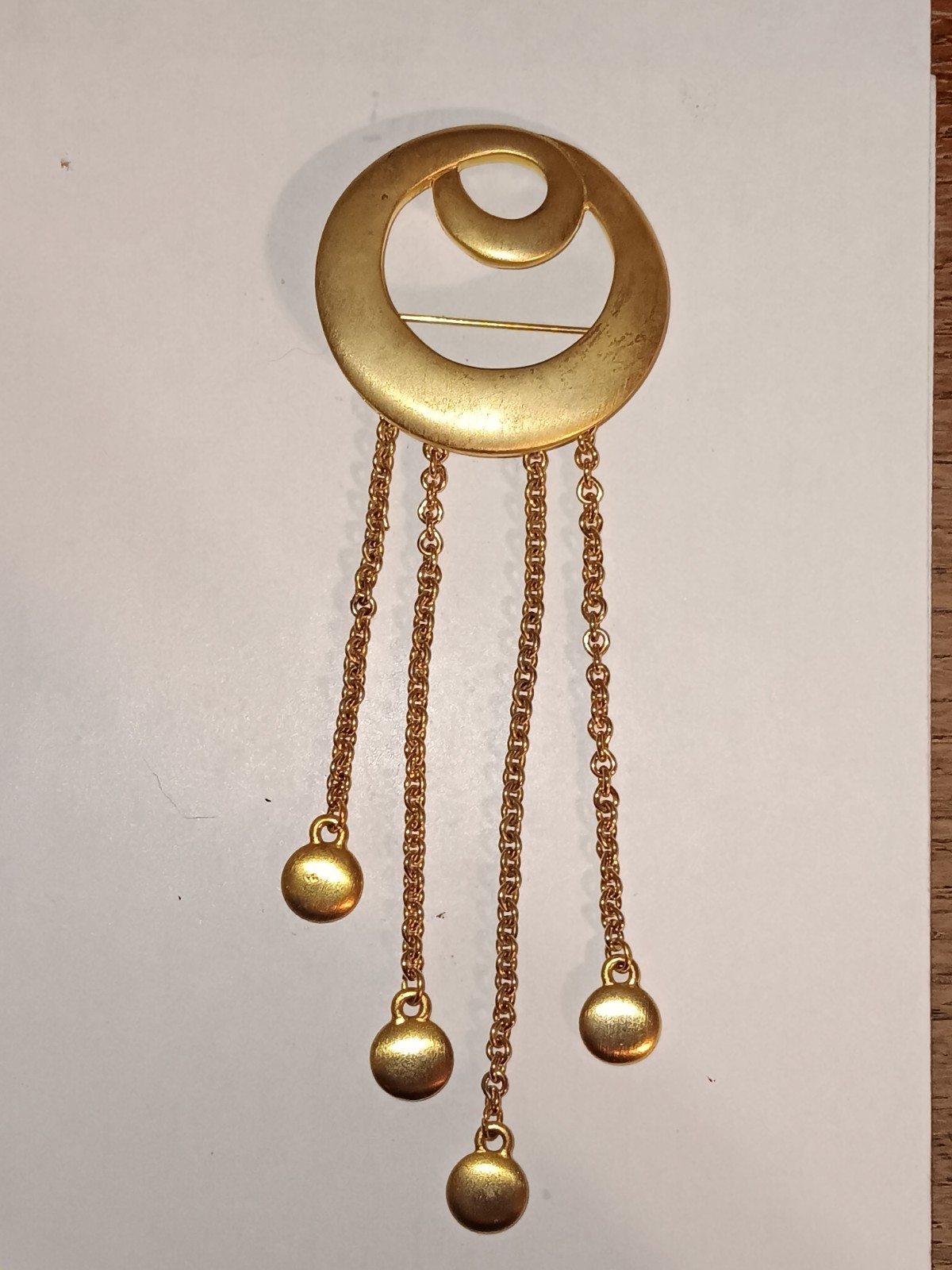 Vintage Gold Tone Tona Brooch With Dangling Chains. Brushed Satin Finish.