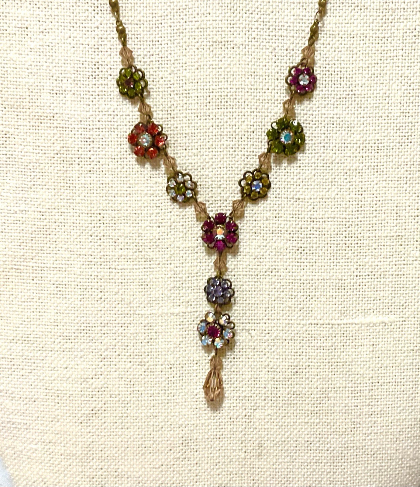Liz Palacios Necklace Crystal Flowers Assorted Colors “Y” necklace Brass