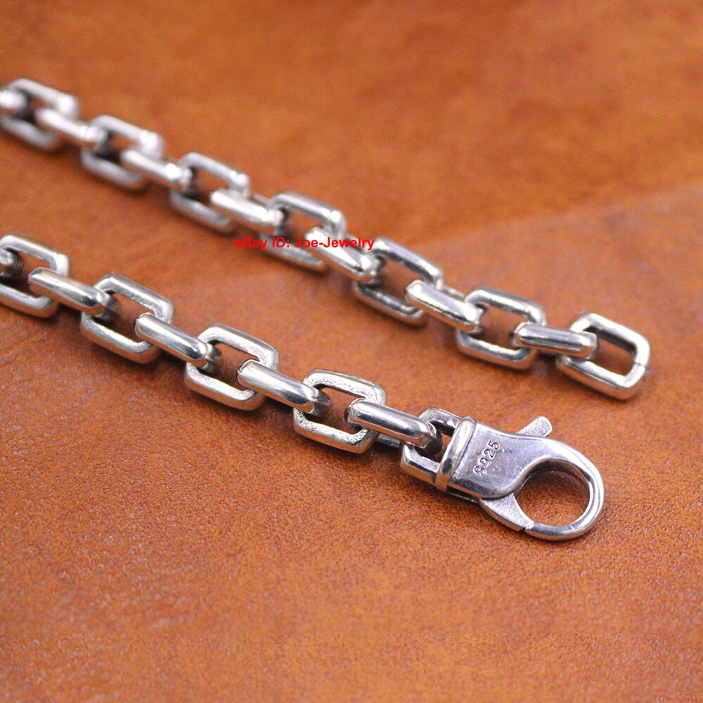 Real 925 Sterling Silver Bracelet 7mm Rectangle Link Chain 8.26inch For Men