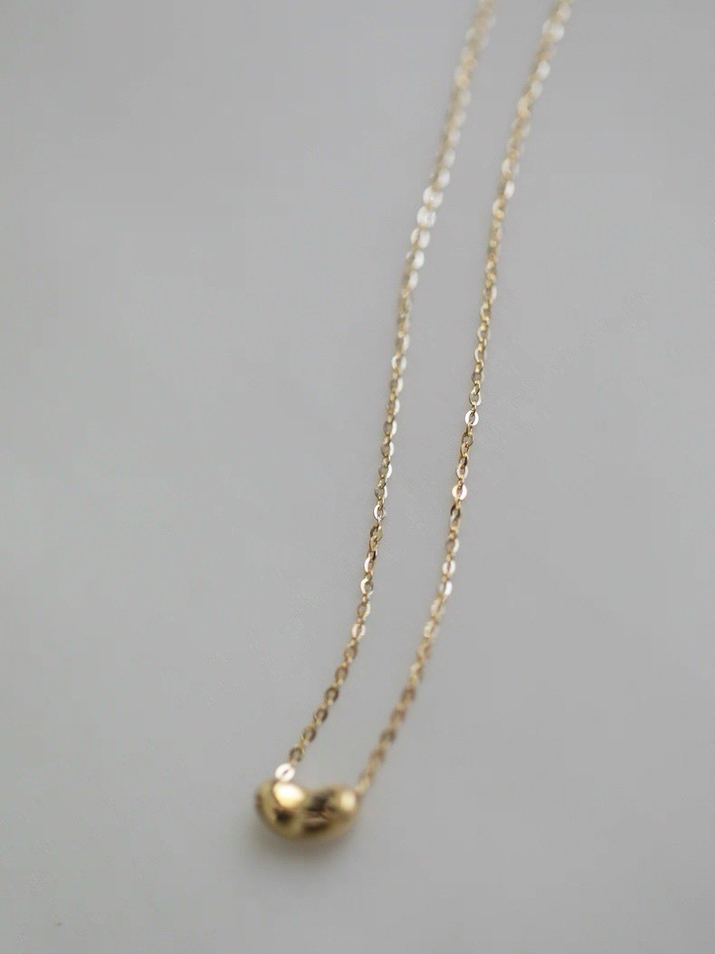 Solid 14K Yellow Gold Bean Pendant Necklace AU585 Stamp, 16.5” Adjustable