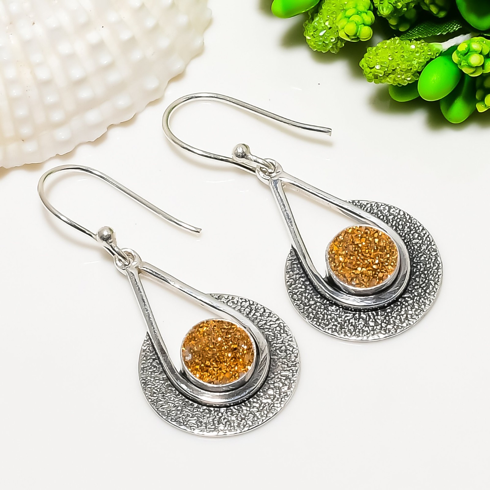 Beautiful Natural Titanium Agate Drusy 925 Sterling Silver Dangle Drop Earrings