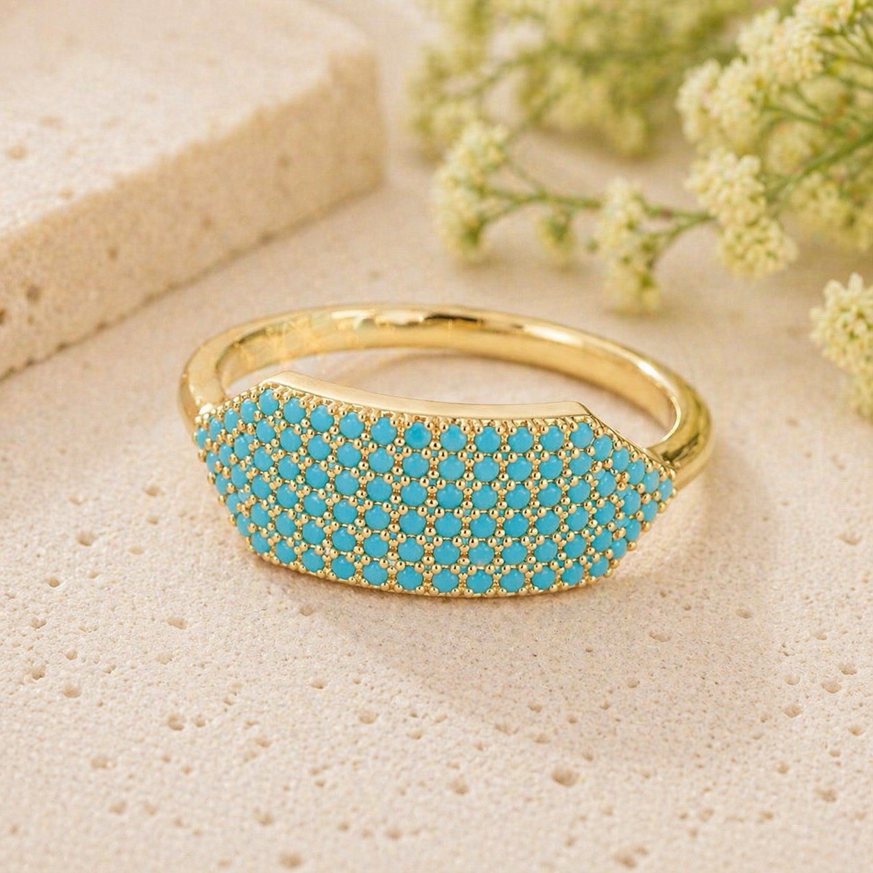 Turquoise Pave Statement Ring Size 7 Gold Tone Wide Band Blue Stone Womens