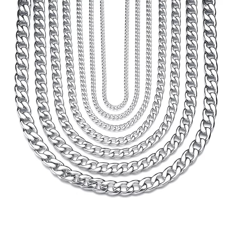 2-13mm Men’s 316L Stainless Steel Silver Curb Link NK Necklace Chain Wholesale