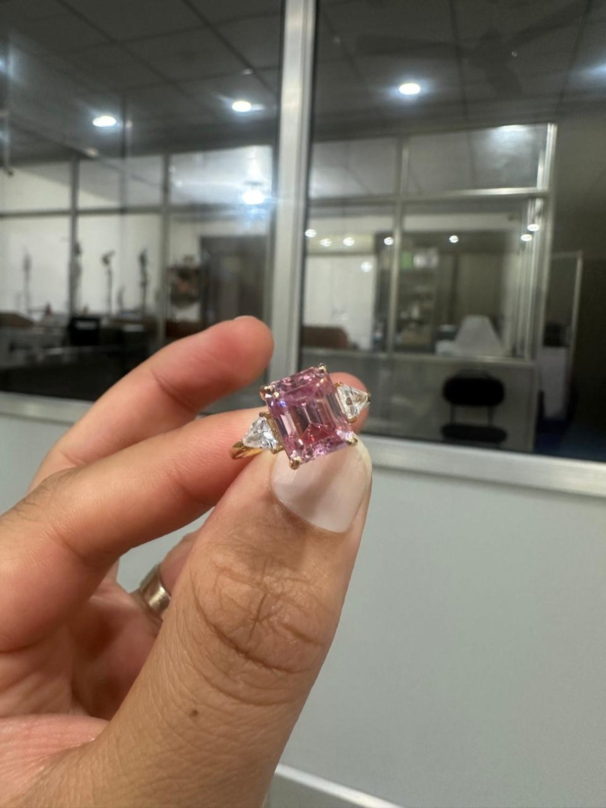 Pink Sapphire Emerald Cut Ring 14K Yellow Gold Vermeil Trillion Moissanite Halo