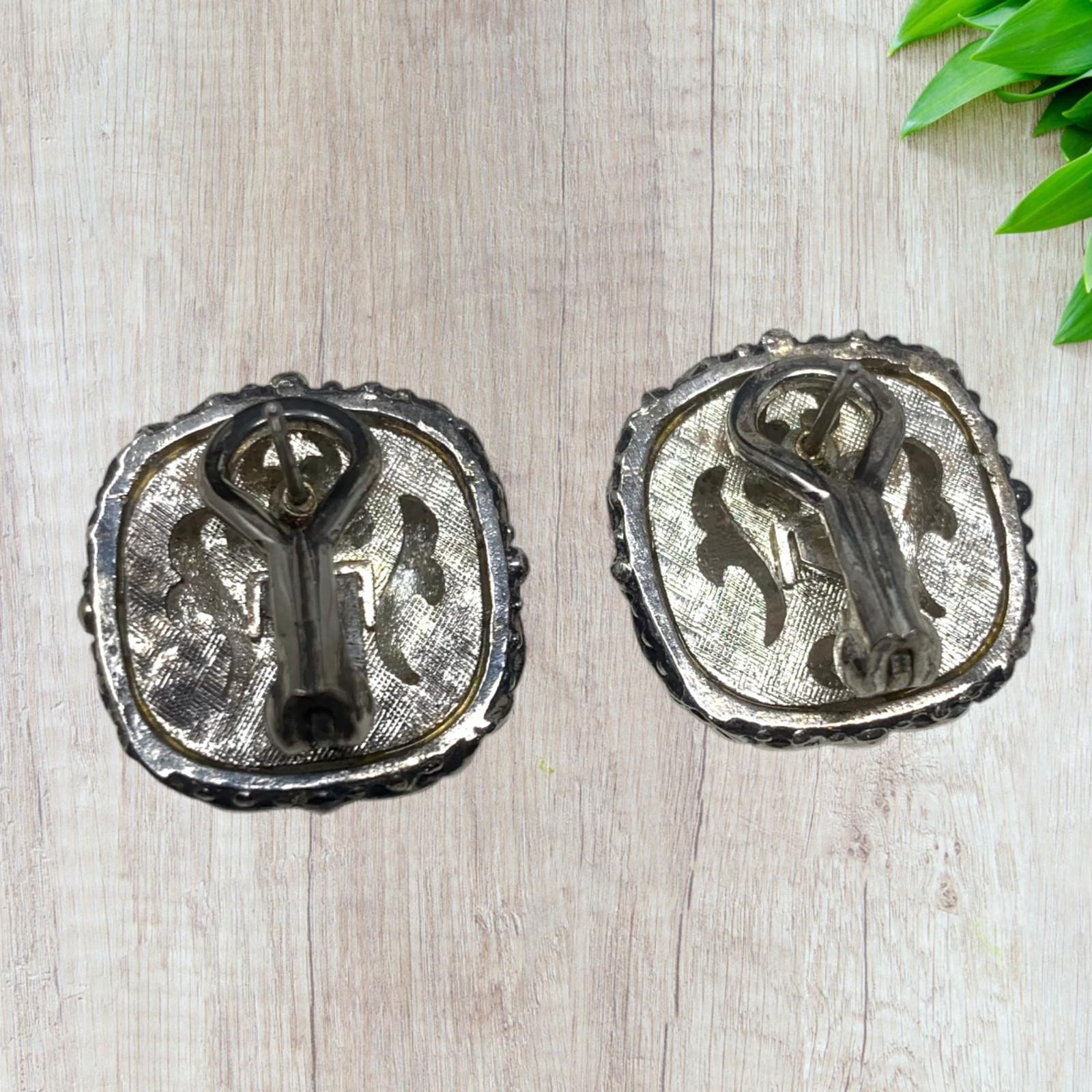 Vintage Silver Tone Square Button Earrings Southwestern Pierced Leverback