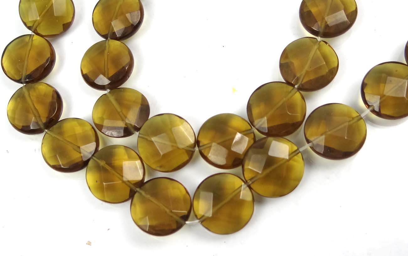 16mm Olive / Dark Lemon Glass Quartz Faceted Coin Disc Beads (12)