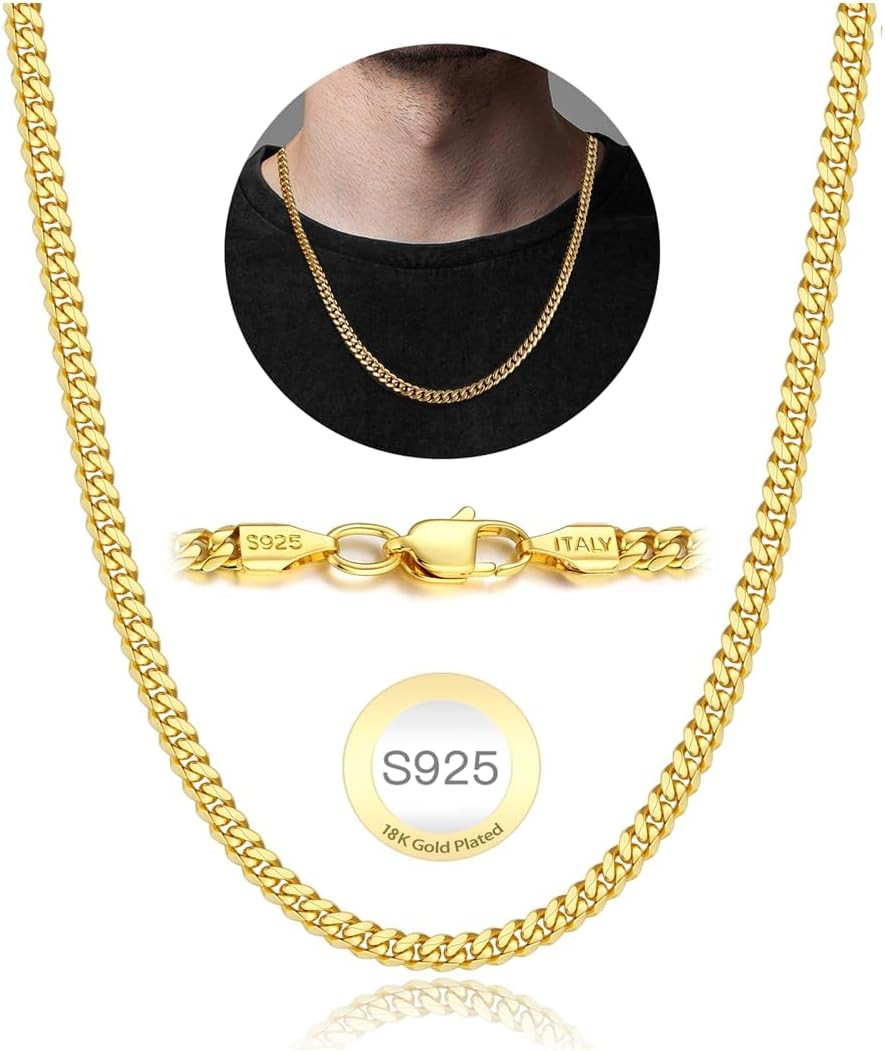 925 Sterling Silver Chain for Men, 18K Gold Plated 4mm Miami Mens Cuban Link Cha