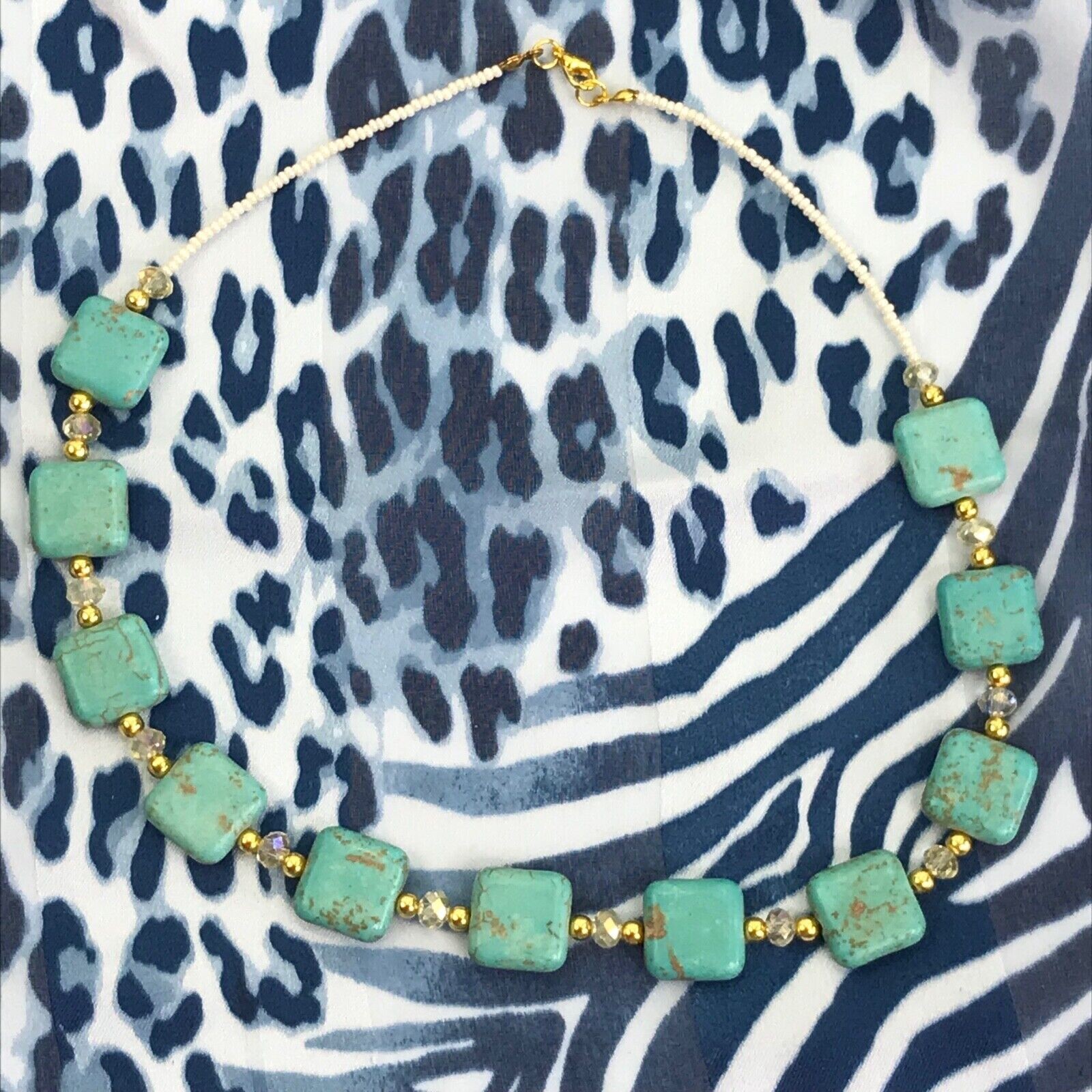 Handmade Necklace Turquoise Magnesite Square Beads, Pale Yellow Glass Gold Tone