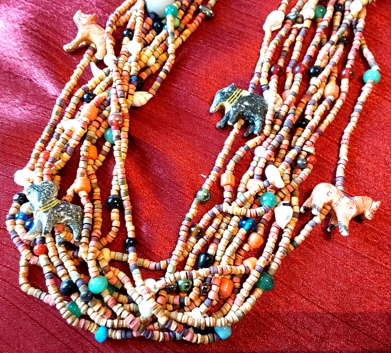 Vintage 70’s/80’s African Safari Wooden Beaded Multi Strand Necklace 33” Animals