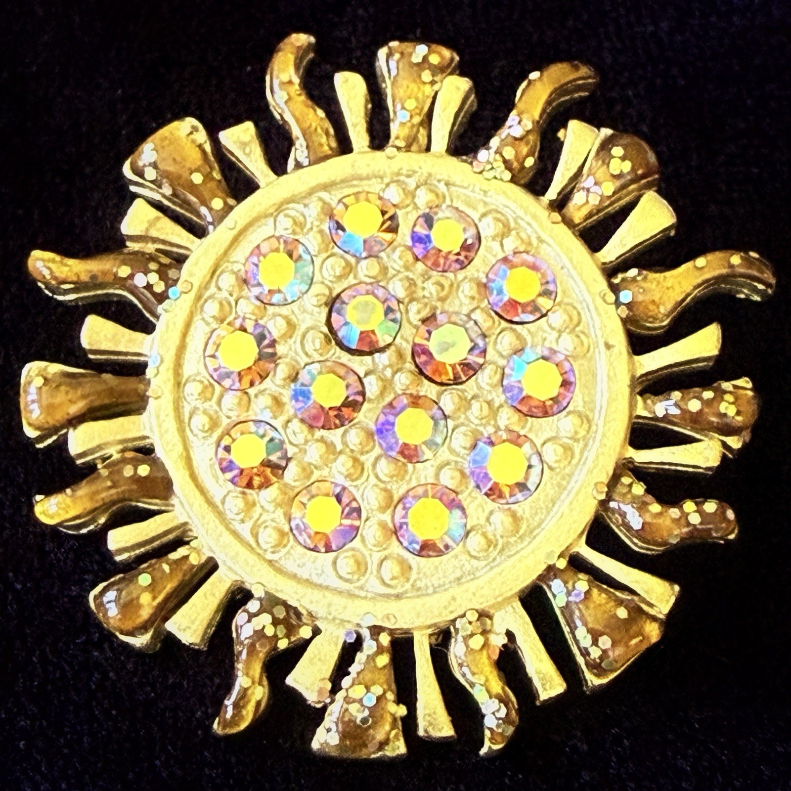Vtg AJMC Goldtone Sunburst Brooch Pin Sun Rays Star AB Crystals Enamel Glitter J