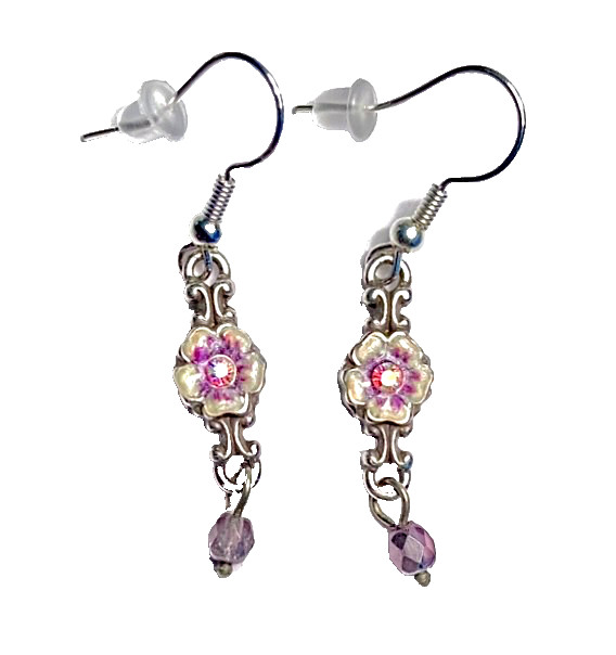 BRIGHTON FORGET-ME-NOT FLOWER WHT+PURP ENAMEL+AB SWAROVSKI CRYST EARRINGS✨CUSTOM