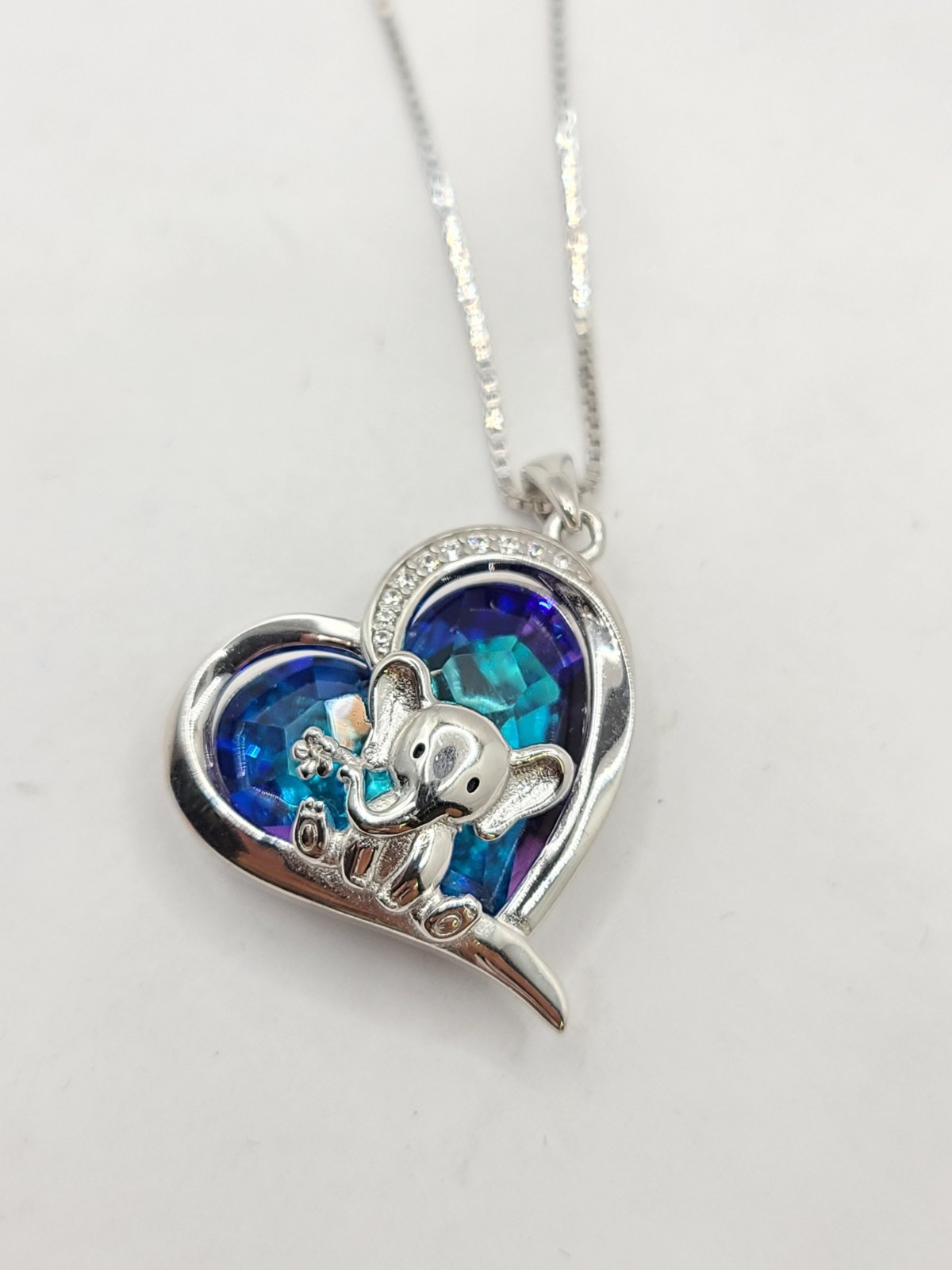Crystal Heart Elephant Pendant 925 Sterling Silver Necklace 17″-19″
