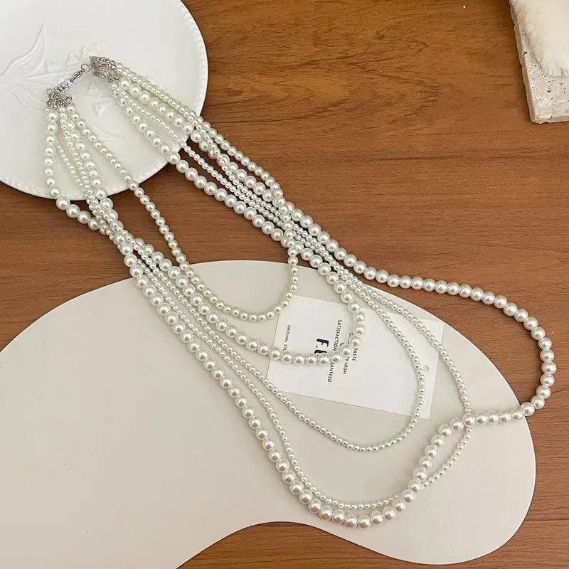 Multi Layer White Faux Pearl Statement Necklace Long Beaded Strand Wedding