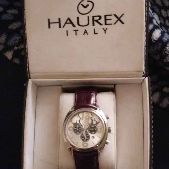 Haurex Flame Quartz Watch Date 24-Hour Brown Leather Strap 50m Box