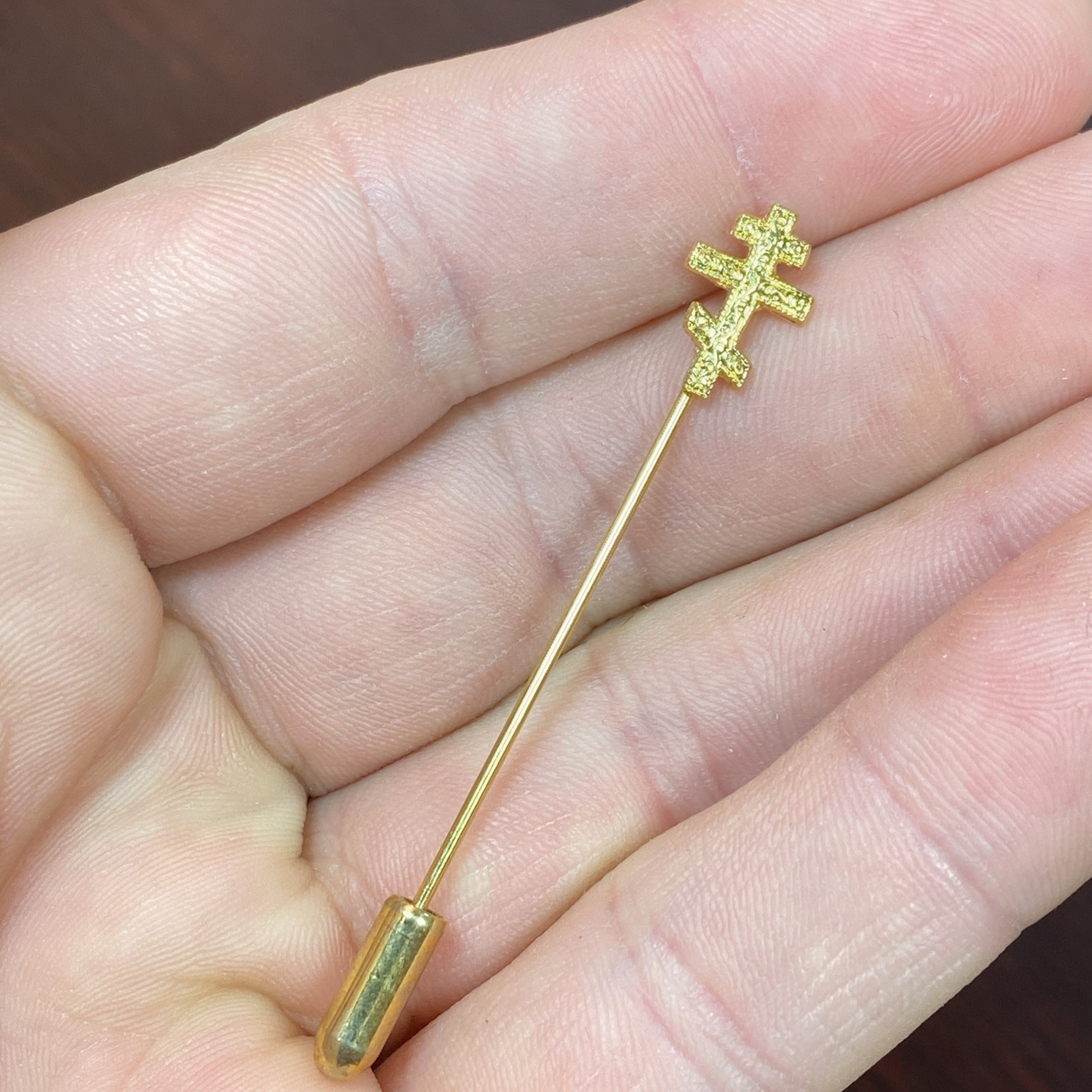 Vtg Orthodox Christian 3 Bar Cross Stick Pin Brooch Gold Tone Nice Detail 2-3/8”