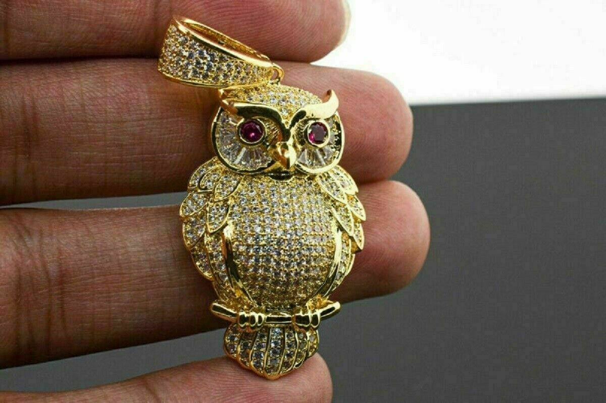 Animal Owl Pendant 4Ct Round Ruby & Diamond Owl Pendant 14K Yellow Gold Over