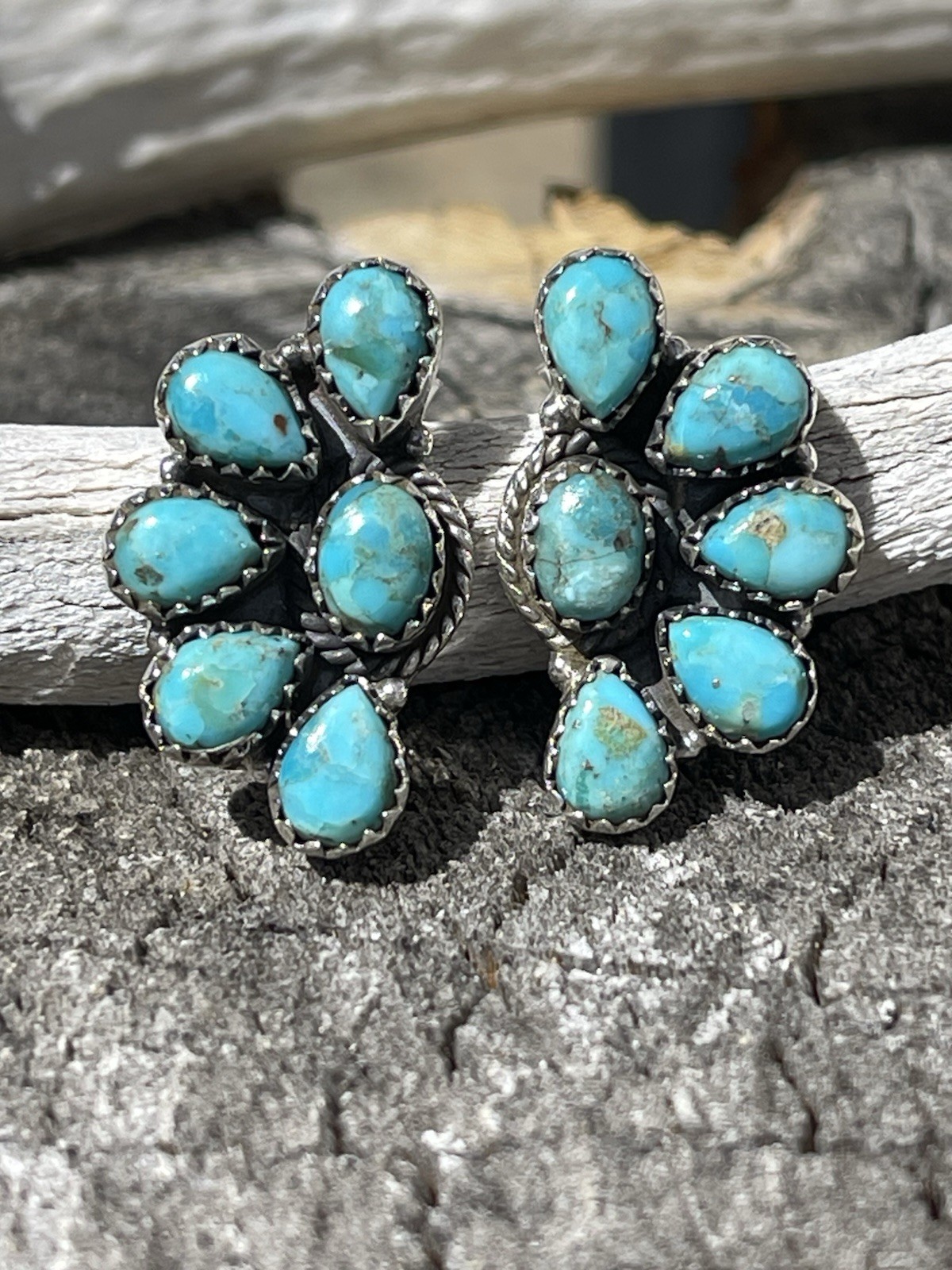 Native American Style Sterling Silver Turquoise Half Cluster Earrings Southwest