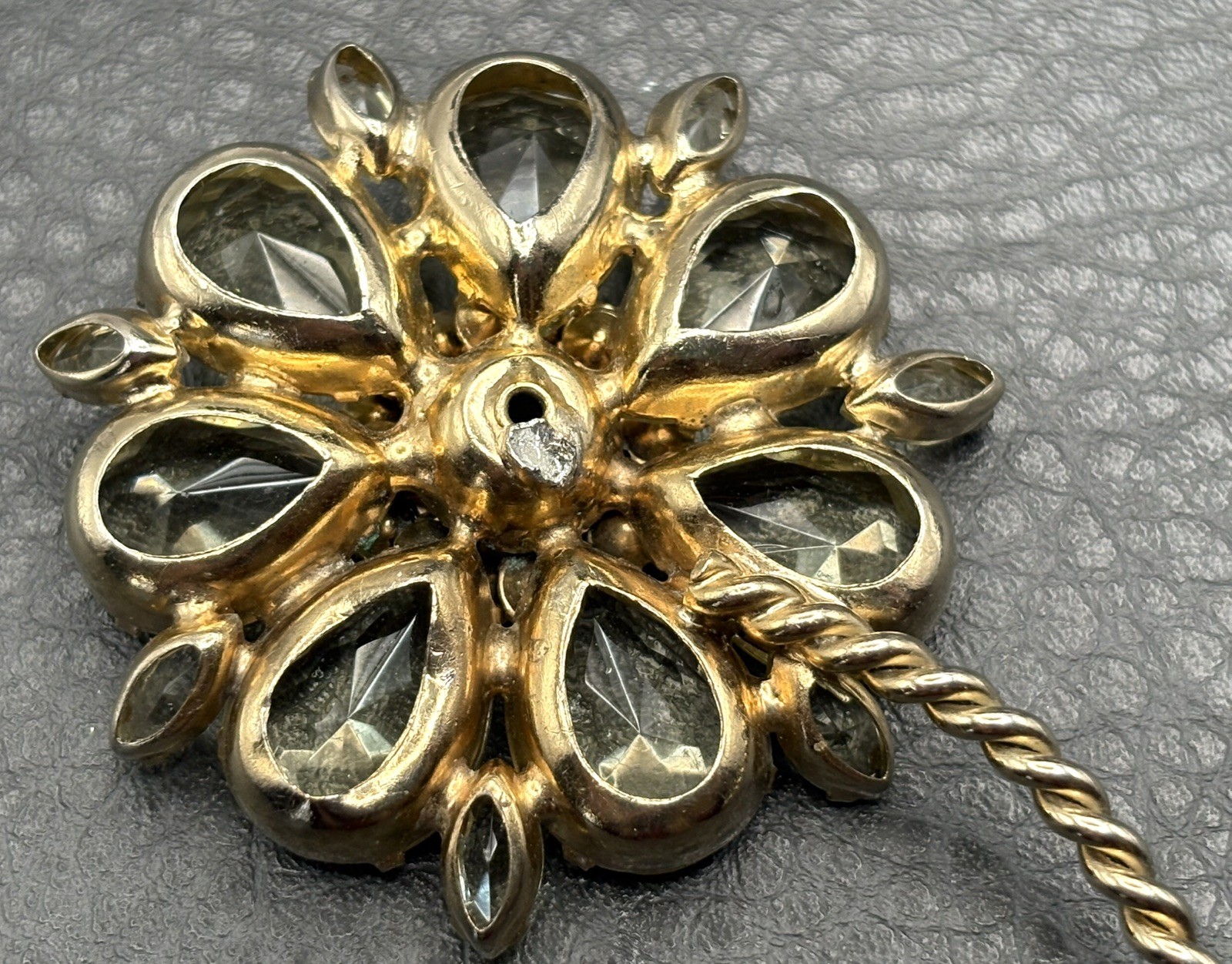HUGE Aurora Borealis FAUX Citrine Color Rhinestone Flower Brooch MISSING BACK
