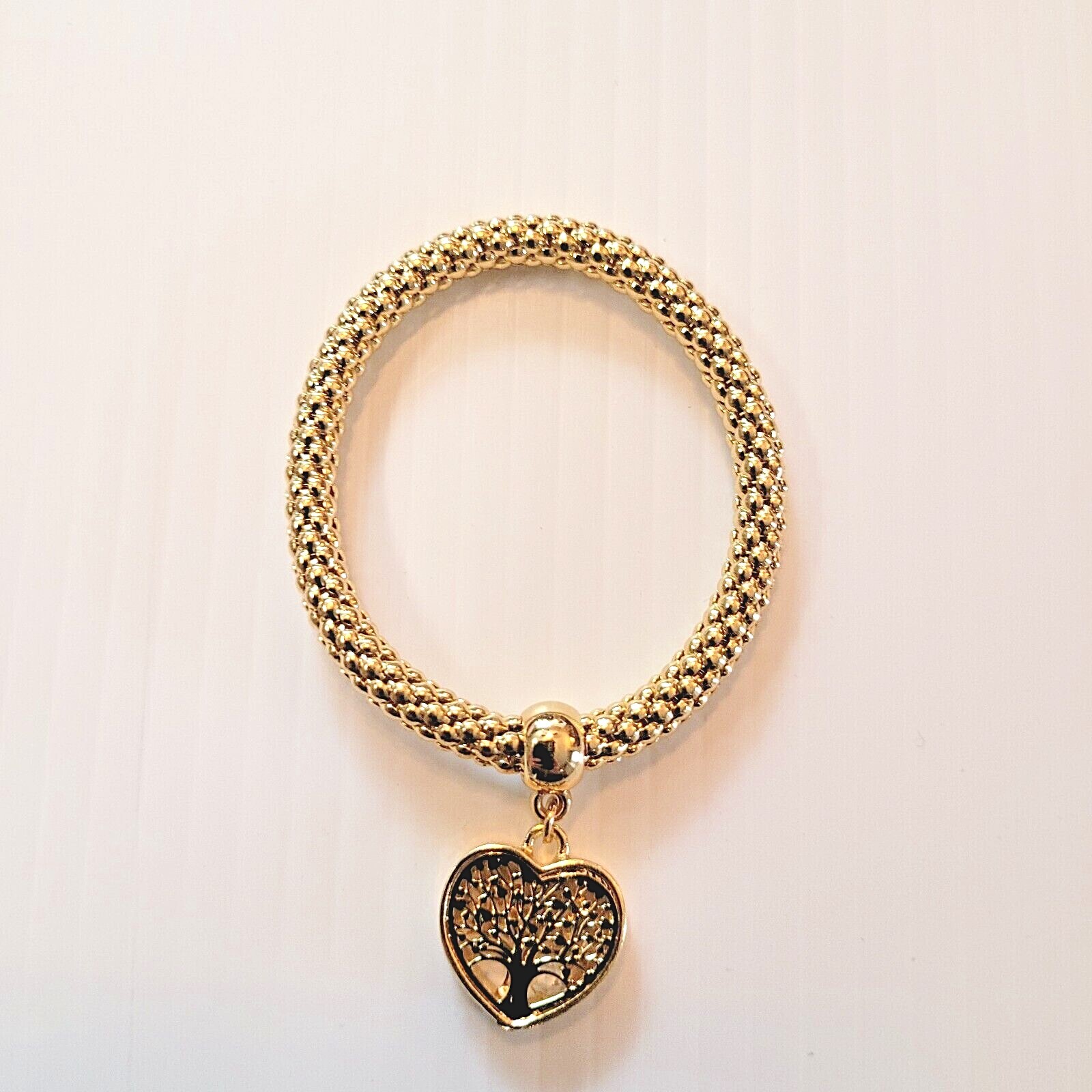 Metal Heart w Tree of Life insert on Stretch Rope-Chain Bracelet – 3 Diff Colors