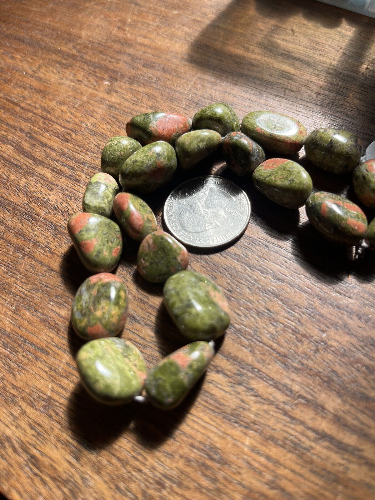 Old Stock Oval Nuggets Large Pink Green Unakite Bead String 12in Strand
