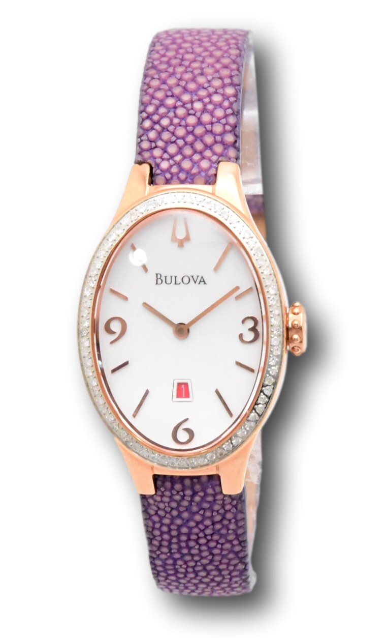 Bulova Women’s 25mm Rose Gold Diamond Bezel Purple Stingray Leather Watch 98R198