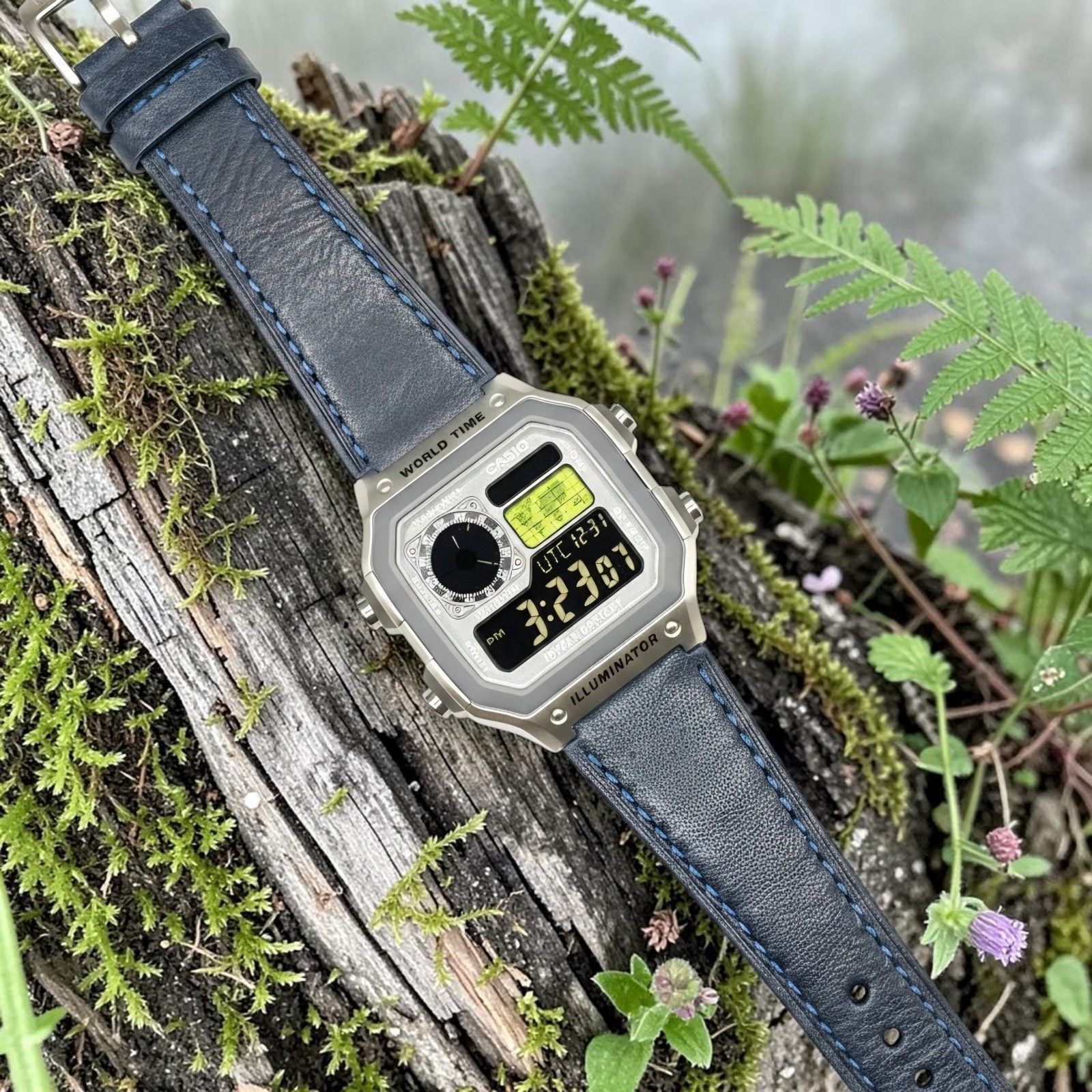 Silver CASIO AE-1200WHD. Royale Watch Mod. Negative Display. Green World Map