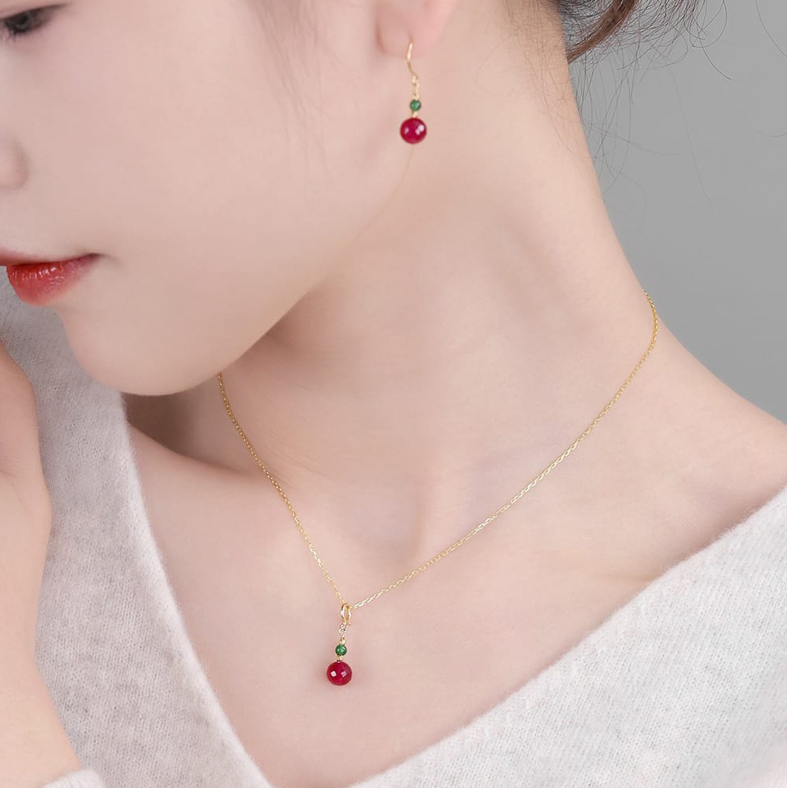 18K Gold Ruby Jadeite Pendant, Red & Green Charm Necklace, Fine Jewelry Gift