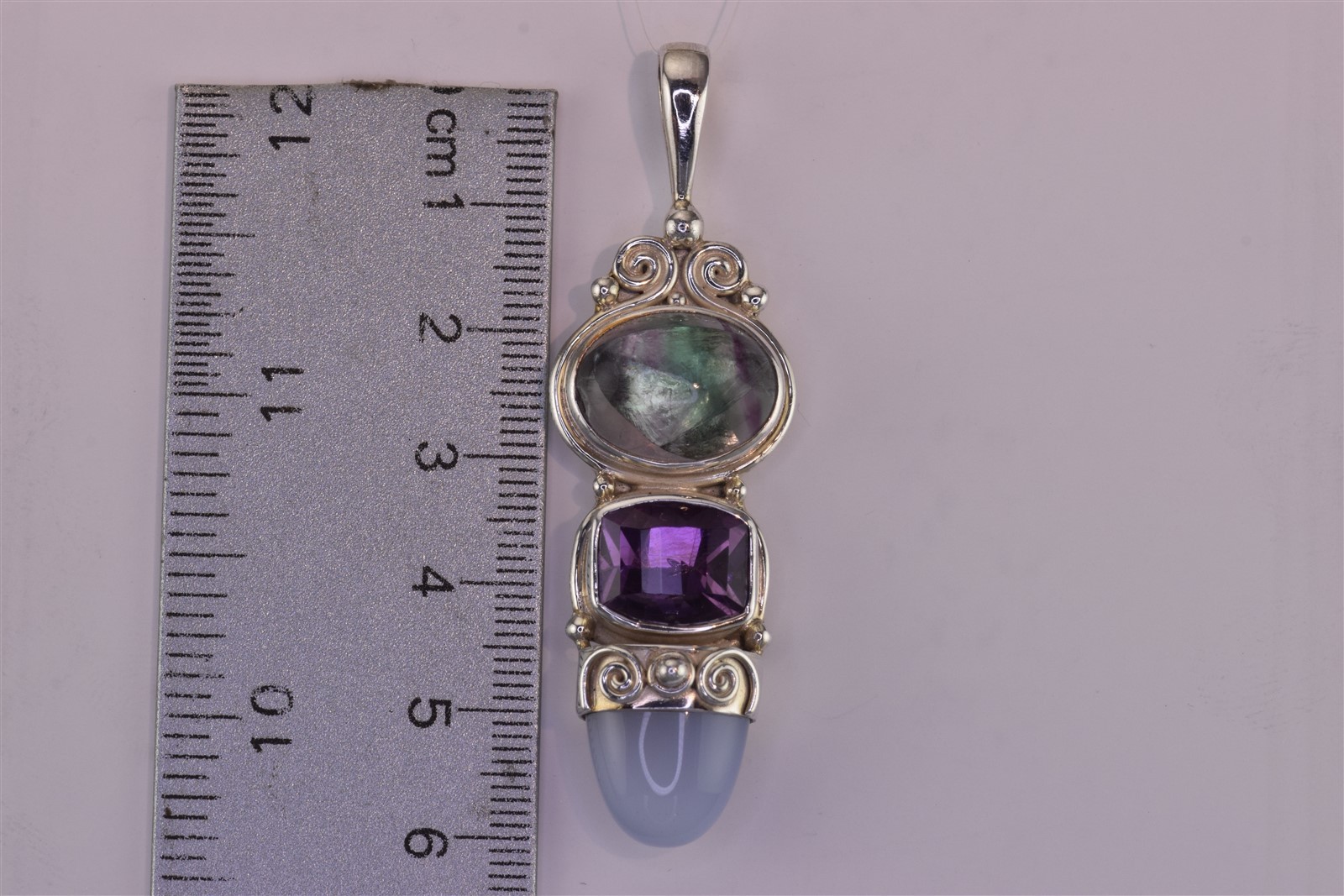 SAJEN Sterling Silver 63mmx 18mm Fluorite Amethyst Quartz Statement 925 Pendant