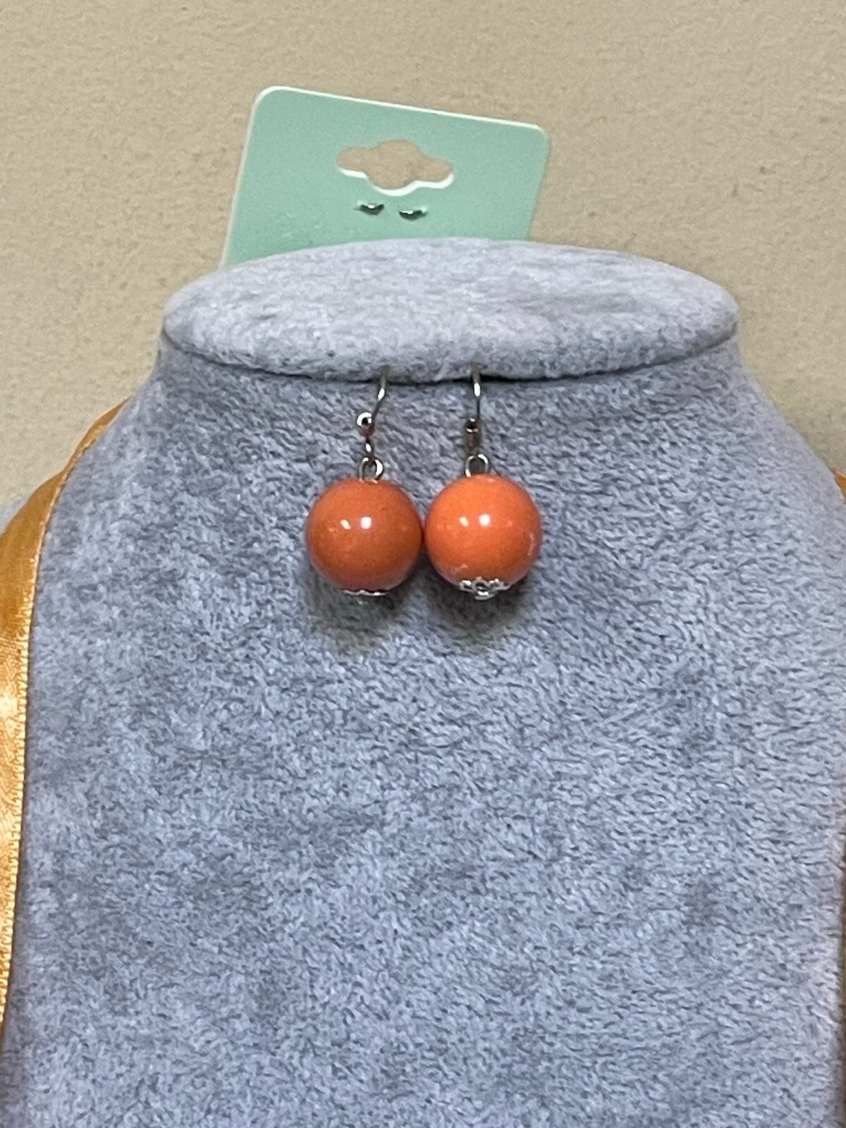 Peach And Green Uneven Shape Lucite Bead Orange Ribbon Cord Necklace Earring