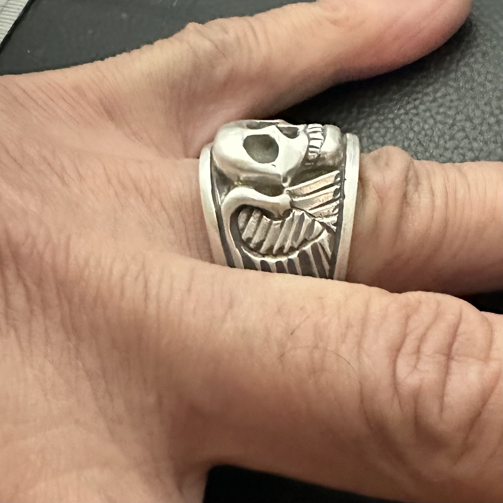 MJG STERLING SILVER WINGED SKULL RING @ 37 GR. Size 11 1/2. BIKER. GUITAR PLAYER