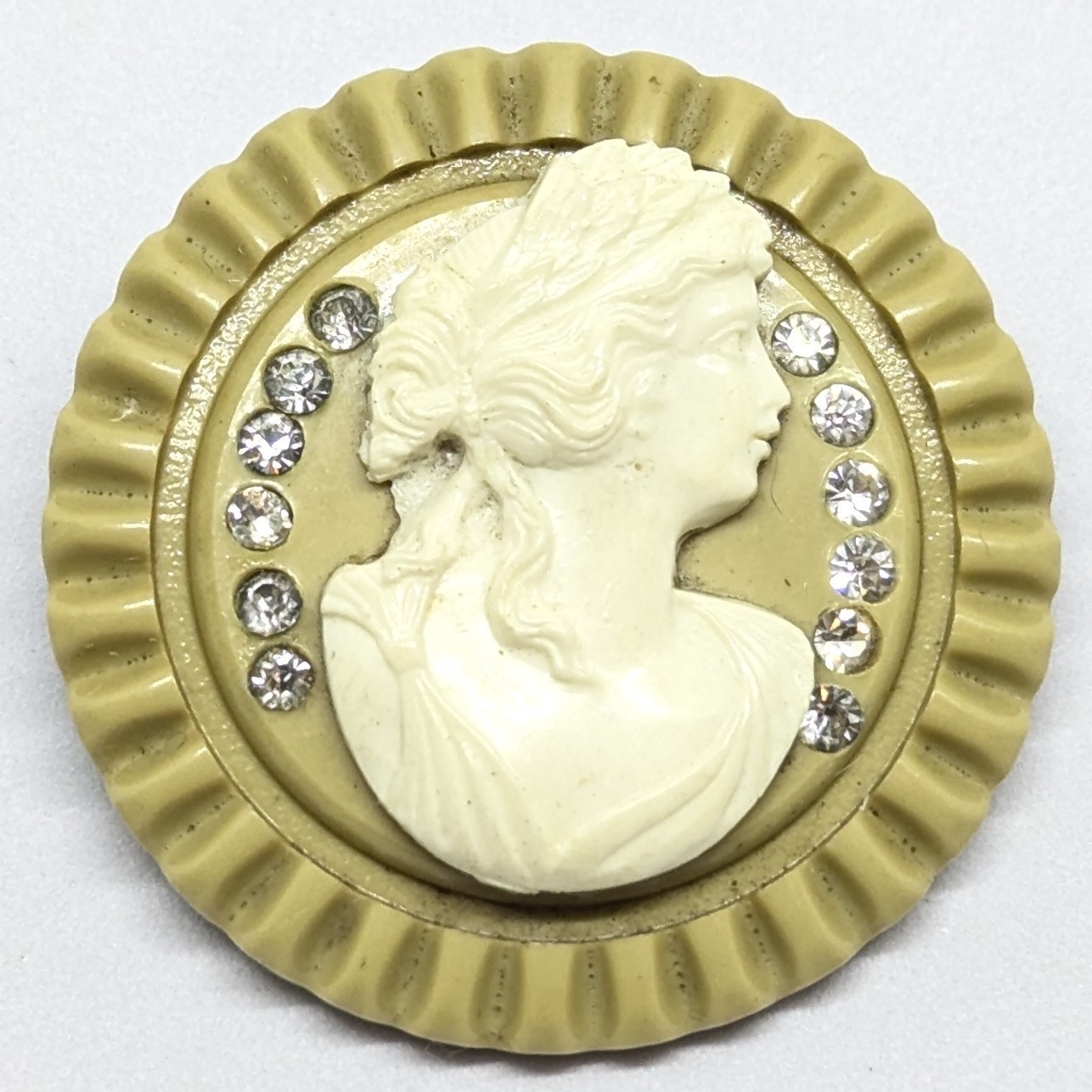 vintage celluloid Plastic Brooch brooch Cameo Cream Olive Green Rhinestones