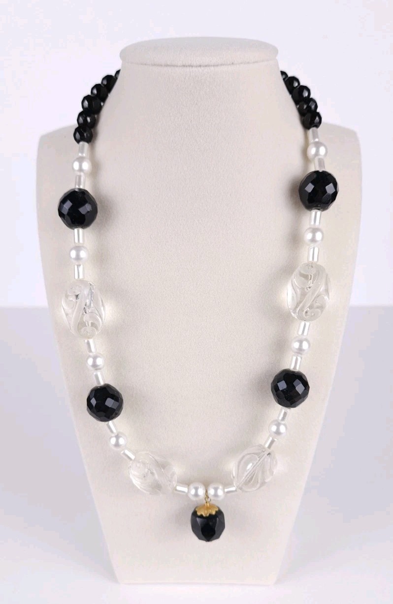 Faux Pearl Clear Black Gold Faceted Etched Beaded Necklace Glass Acrylic