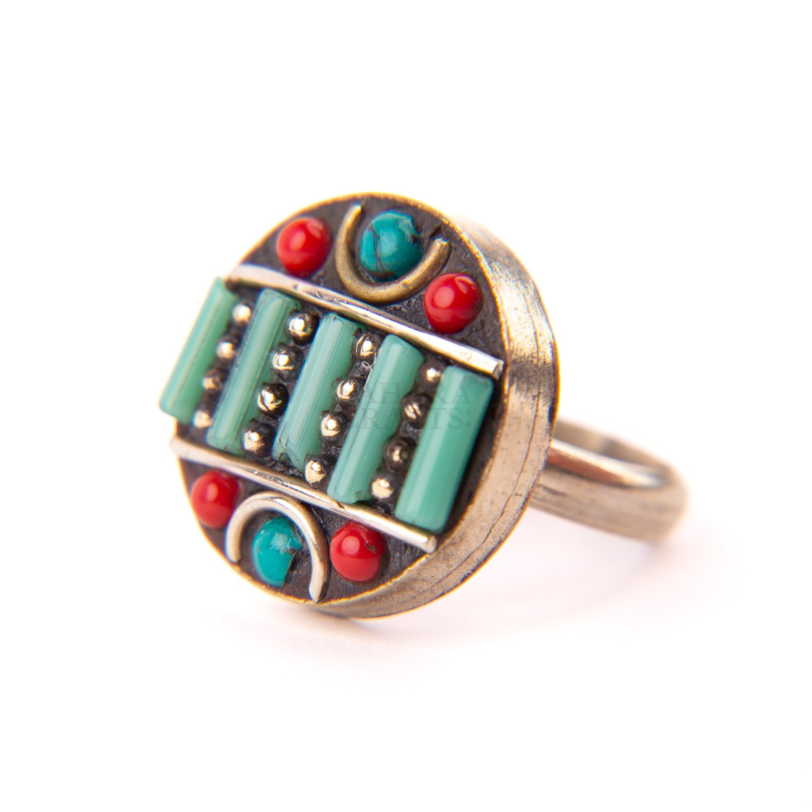 Tibetan Ring, Red Coral Turquoise Beads, Handmade Tribal Ring, Tibetan Bead U9.5