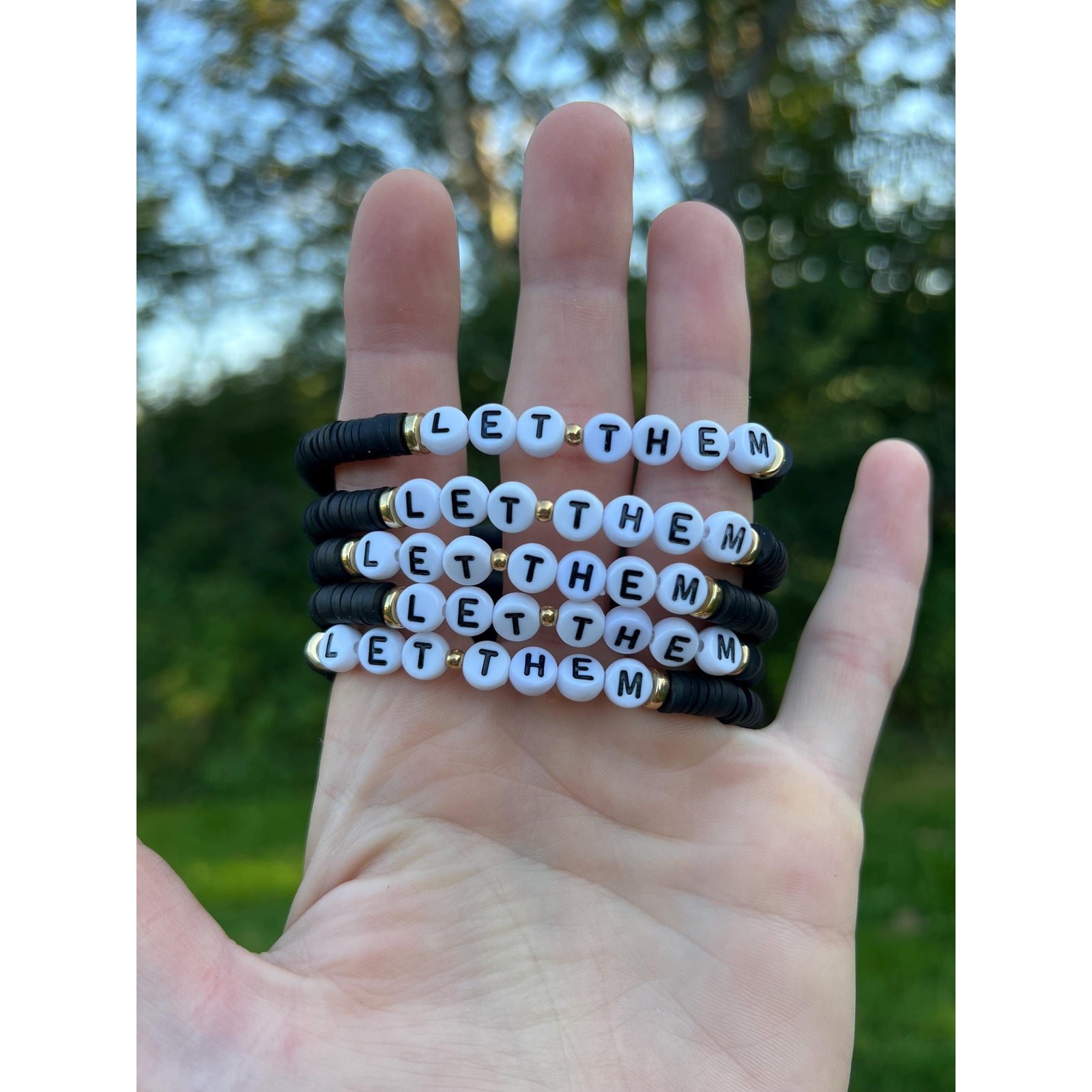 LET THEM BRACELET, black white gold, beaded stretch bracelet, inspirational