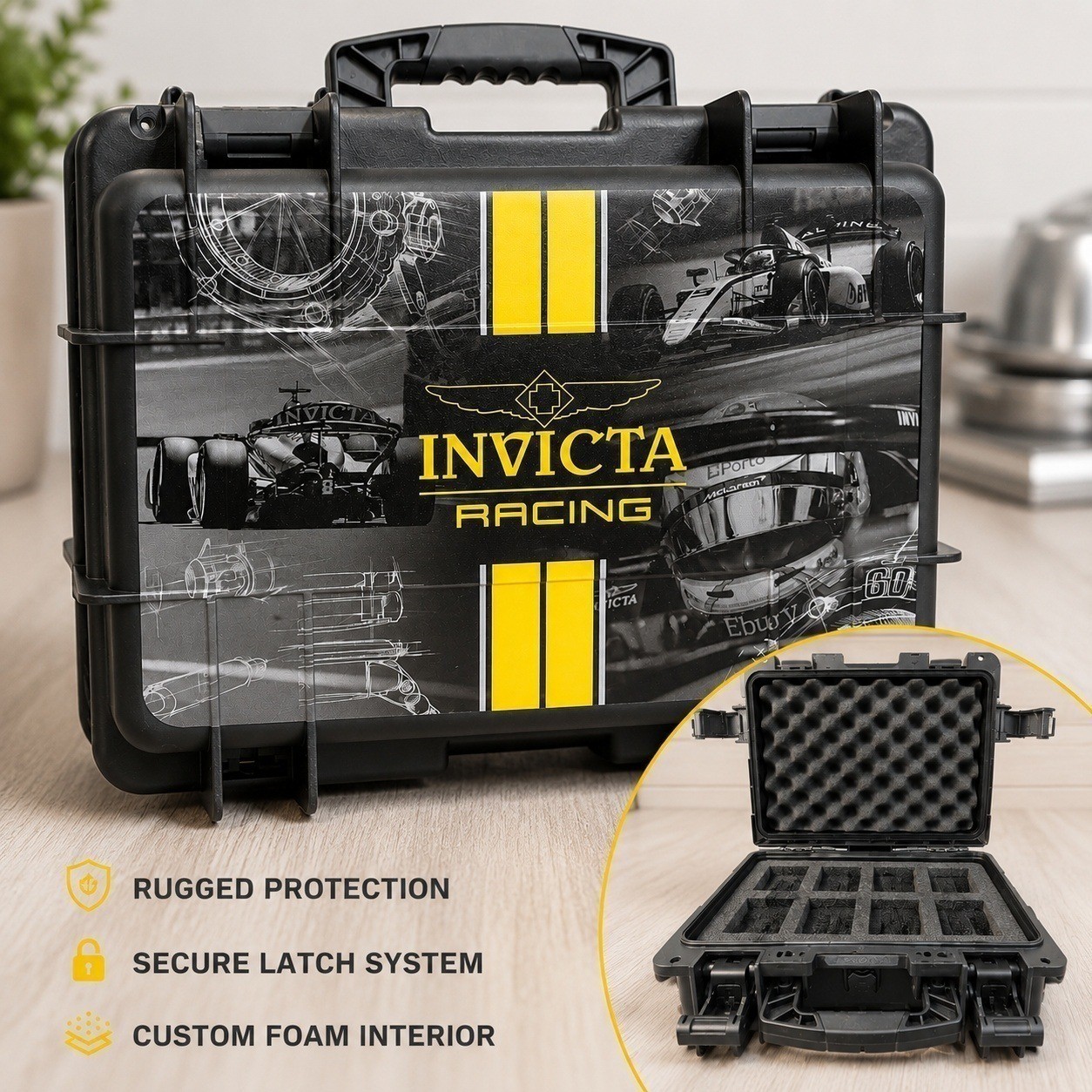 Invicta Racing 8 Slot Watch Impact Case Black Yellow Formula 1 Collector Box