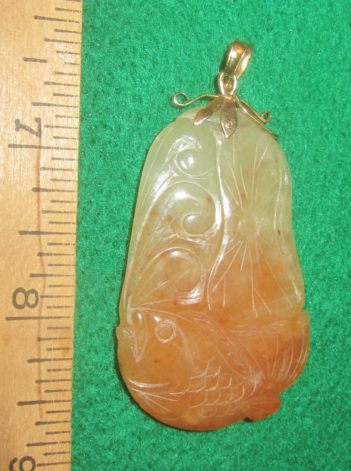 “Autumn Jade” Koi Fish pendant with 14k gold lotus leaves & bail- carved jewelry