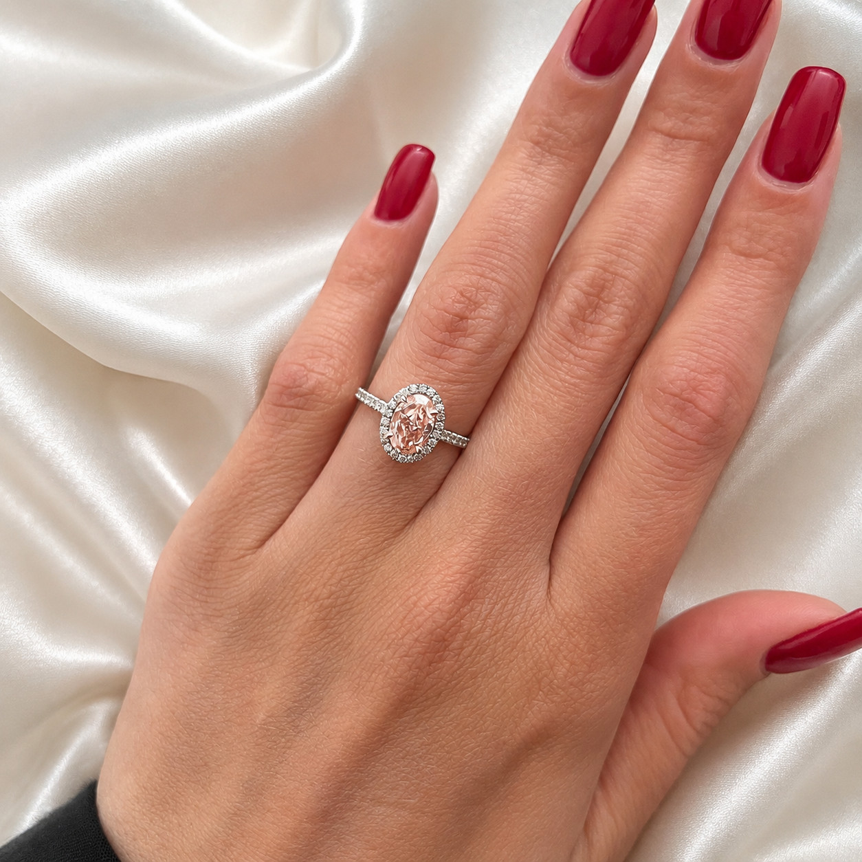 3.40 Carat Fancy Vivid Pink Oval Cut IGI Lab Created Diamond Ring 14k White Gold