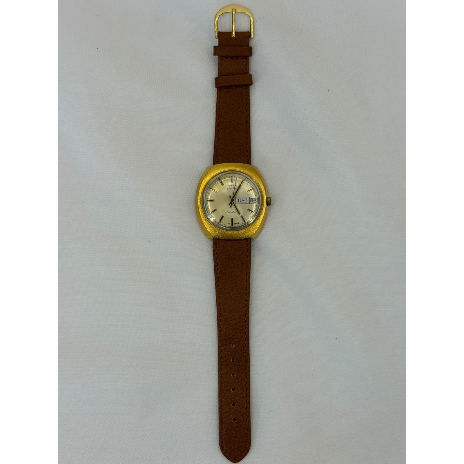 Vintage Timex Electric Dynabeat Gold Tone Day Date Watch 76960 26277 Mens Brown