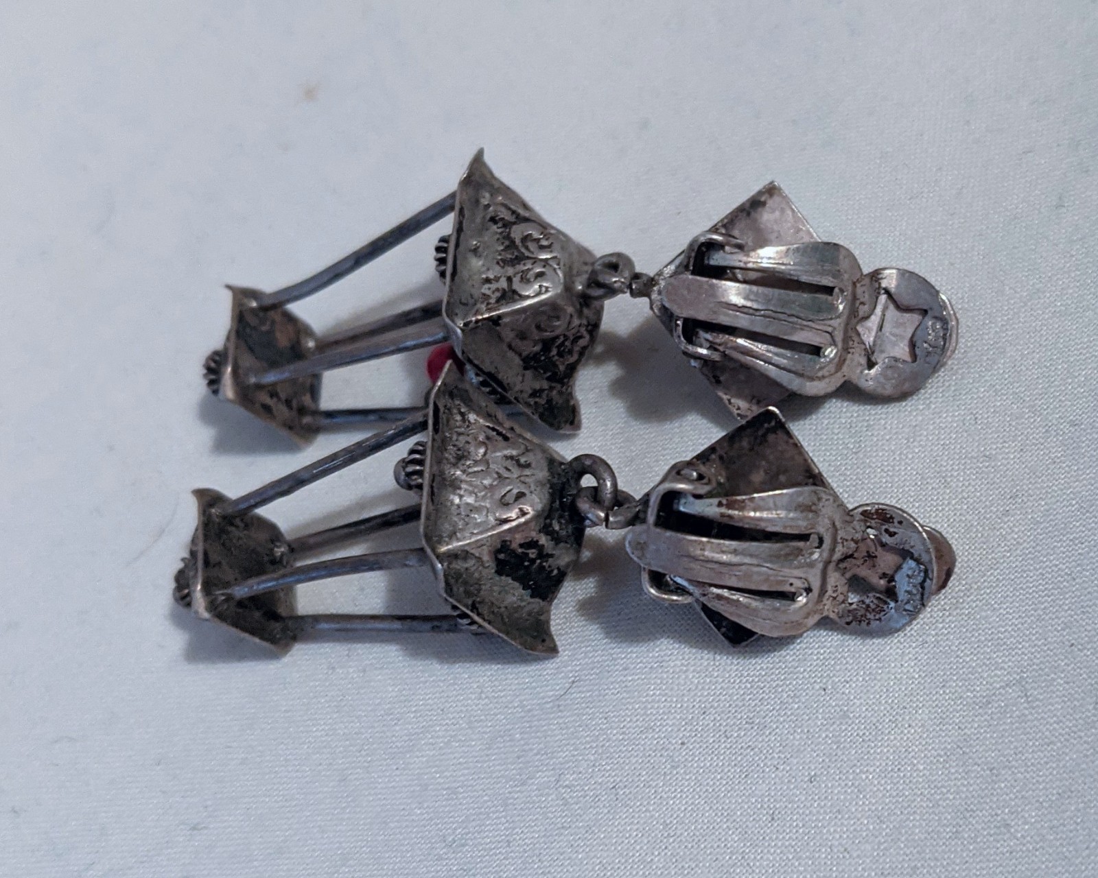 Vintage Artisan 3 D Lantern Dangle Earrings Clip-on Acid Tested For Silver